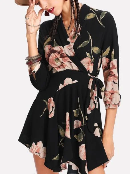 Flora Printed Surplice Mini Dress Comfortable Linen Mini Dress