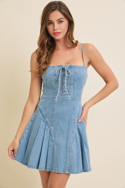 Front Lace Up Denim Mini Dress Comfortable Bodycon Mini Dress