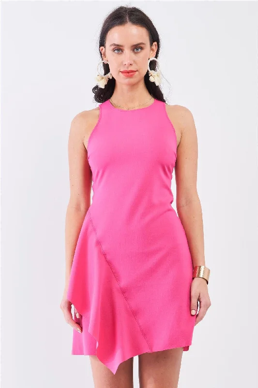 Hot-Pink Sleeveless Round Neck Fitted Asymmetrical Mini Dress Elegant Floral-Print Mini Dress