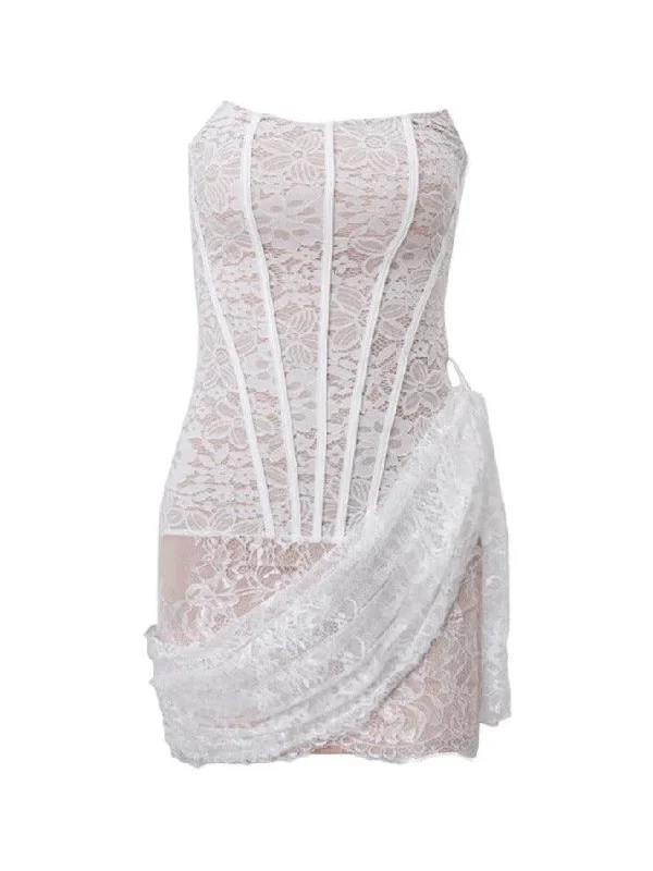 Lace Mesh Corset Bandeau Mini Dress Comfortable Off-Shoulder Mini Dress