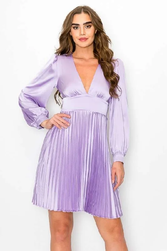 LAVANDER EMPIRE WAIST PLEATED MINI DRESS ARD1376 Stylish Puff Sleeve Mini Dress