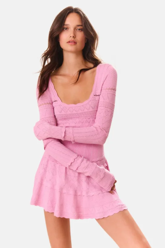 Lavender Pointelle Knit Mini Dress Rose Clay Trendy Off-Shoulder Dress Mini