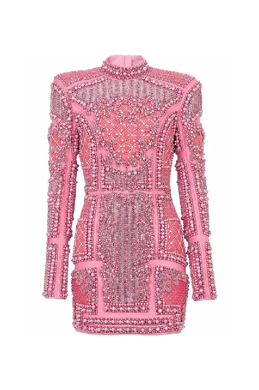 Luxury Jeweled Embellished High Neck Long Sleeve Sequin Party Mini Dress Fashionable Off-Shoulder Mini Dress