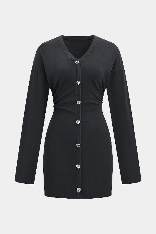 Button V-Neck Long Sleeve Mini Dress Casual Button-Up Mini Dress