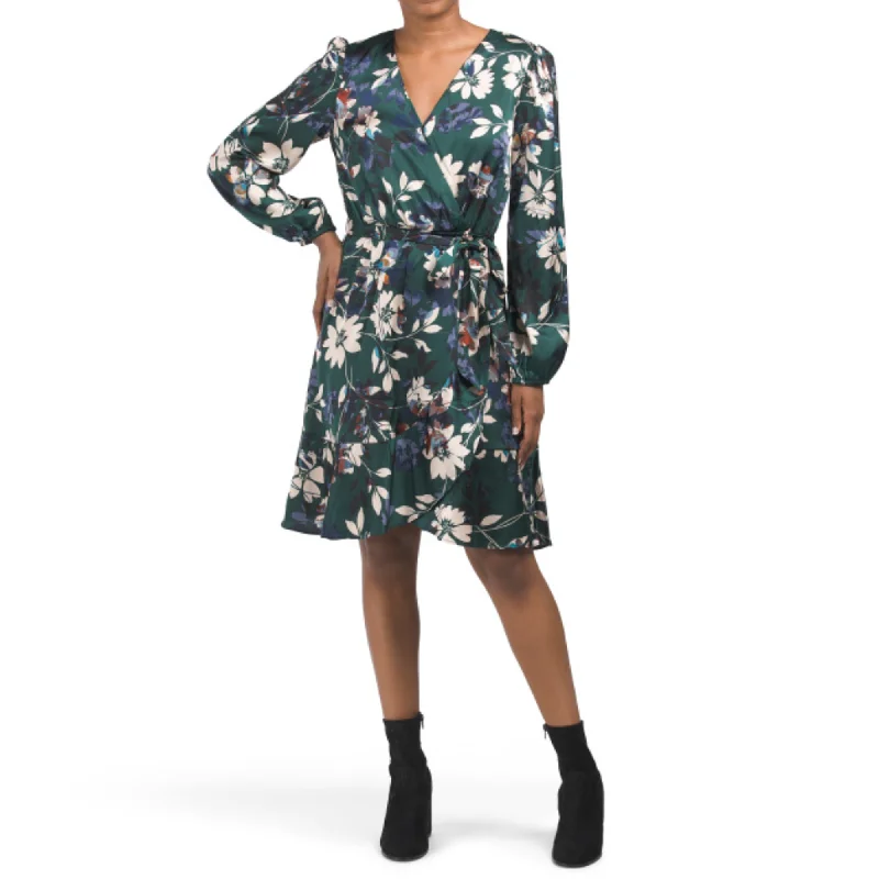 NICOLE MILLER NY Women's Long Sleeve Floral Satin Wrap Style Mini Dress Fashionable A-Line Mini Dress