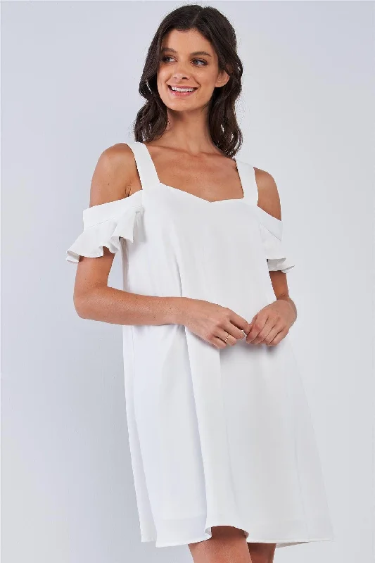 Off-White Relaxed Fit V-Neck Ruffle Sleeve Mini Dress Fashionable Summer Mini Dress