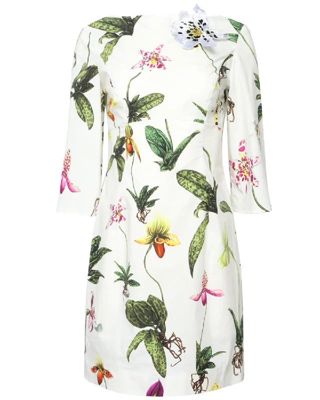 White Orchid Print Bateau Neck Mini Dress Stylish Short-Sleeve Mini Dress