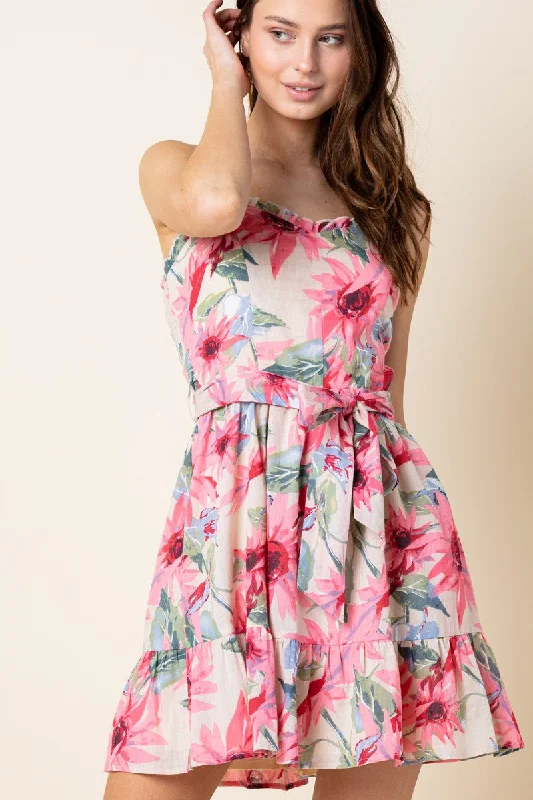 PINK FLORAL SWEETHEART SHIRRED RUFFLED HEM MINI DRESS  MDR8471 Classic Casual Mini Dress