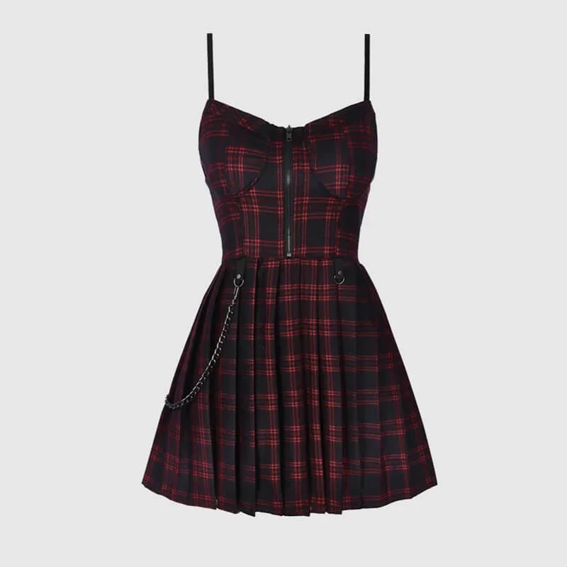 Plaid Chain Zipper Pleated Slip Mini Dress Comfortable Off-Shoulder Mini Dress