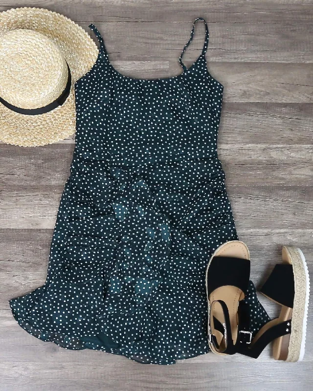 Polka Dot Printed Sleeveless Ruched Mini Dress in Forest Green Chic Mini Dress with V-Neck