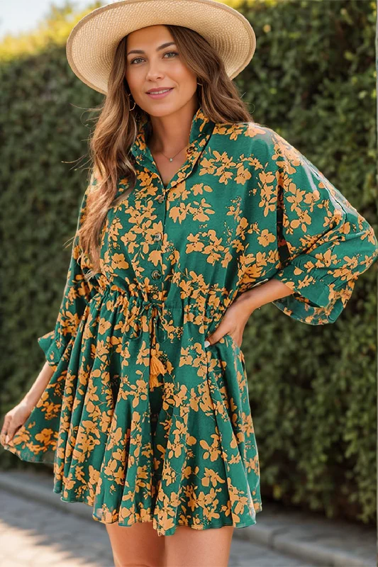 Printed Three-Quarter Sleeve Mini Dress Comfortable Shift Mini Dress