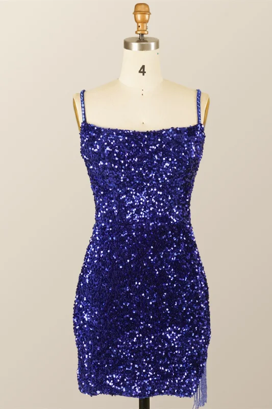 Royal Blue Sequin Tassels Bodycon Mini Dress Cozy Knitted Mini Dress