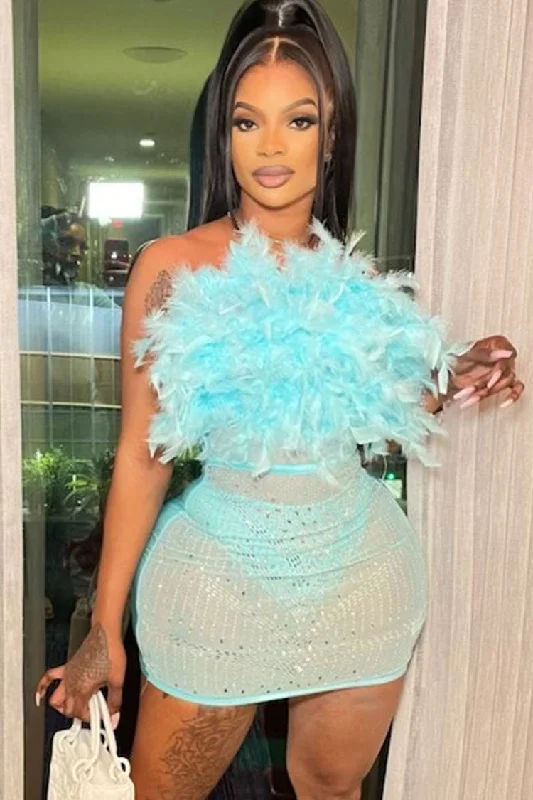 Sexy Rhinestone Sheer Mesh Panel Feather Strapless Party Mini Dress - Lake Blue Trendy Off-Shoulder Dress Mini