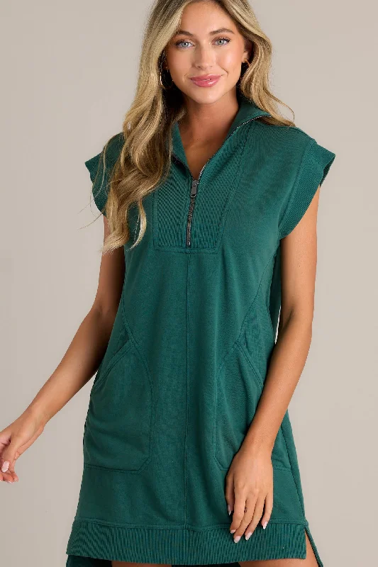 Shadowed Splendor 100% Cotton Hunter Green Zip Front Mini Dress Fashionable Mini Dress with Frills