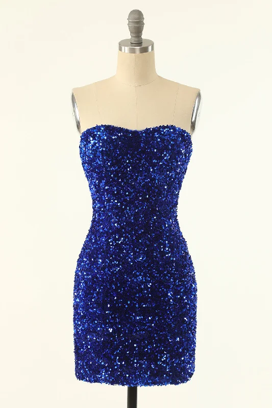 Strapless Royal Blue Sequin Bodycon Mini Dress Cozy Cotton Mini Dress