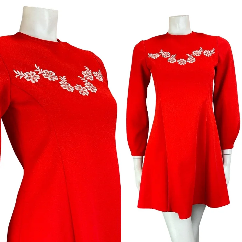 VTG 60S RED WHITE MOD GOGO FLOWER EMBROIDERED WESTERN LONG SLEEVE MINI DRESS 6 Stylish Short-Sleeve Mini Dress