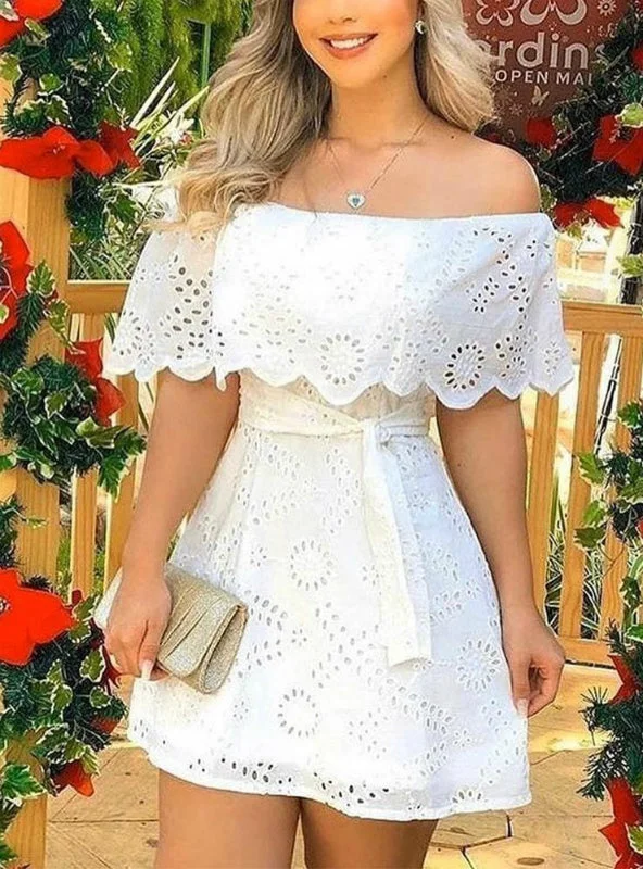 White Women Off Shoulder Broderie Lace Mini Dress Elegant Velvet Mini Dress