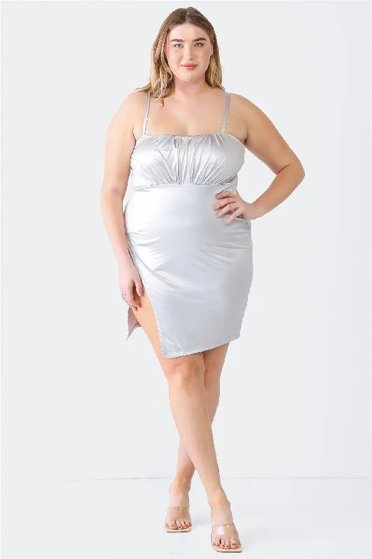 Plus Size Metallic Silver Satin Wrap Hem Mini Dress Elegant Mini Dress with Pleats