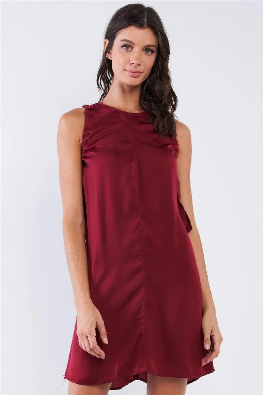 Wine Red Satin Loose Fit Sleeveless Round Neck Mini Dress With Side Ribbon Draw String Ties Dress Classic White Mini Dress