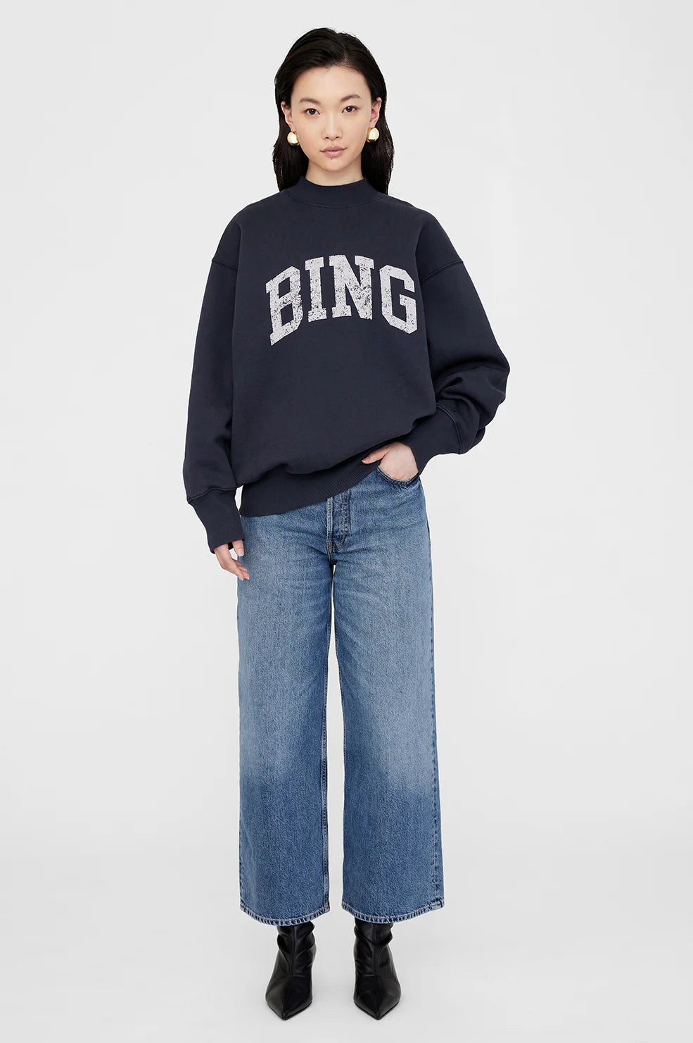 Anine Bing - Bradie Sweatshirt in Navy Hoodie with Mock Neck Collared Structured