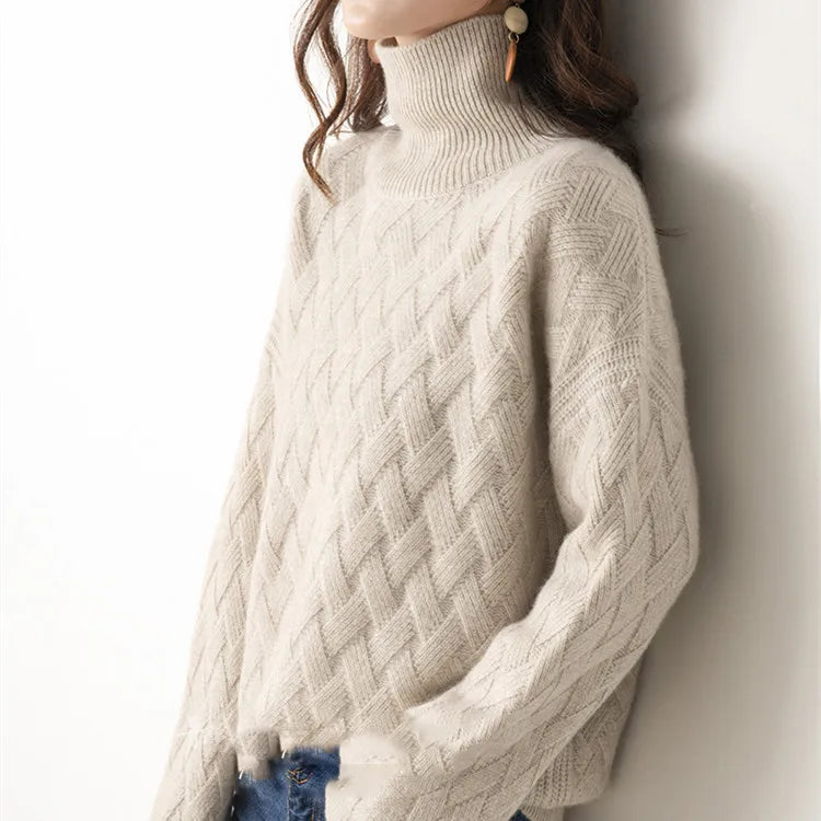 Ashore Shop Autumn and winter turtleneck cashmere sweater woman  new style languid breeze loose thick pullover underlay 100% wool sweater Toggled Drawstring Belted