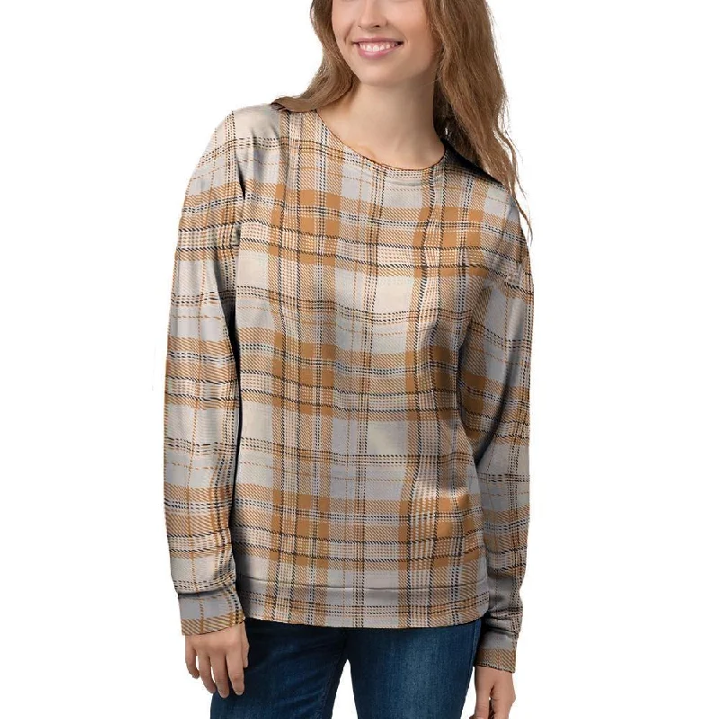 Beige Plaid Tartan Print Women's Sweatshirt Hoodie with Embroidery Detailed Premium