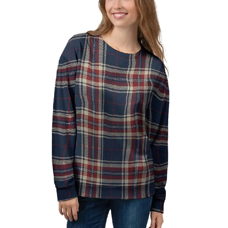 Beige Red And Blue Plaid Tartan Women's Sweatshirt Hoodie with Hem Patch Decorative Personalized