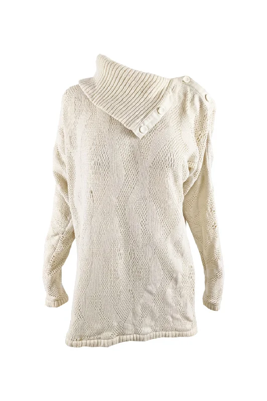 Bernard Perris Vintage Cream Textured Knit Split Polo Neck Jumper, 1980s Collared Crew Neck Turtle Neck