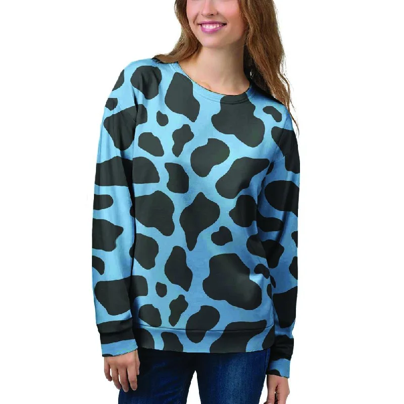 Black And Blue Cow Print Women's Sweatshirt Hoodie with Hem Detail Decorative Unique