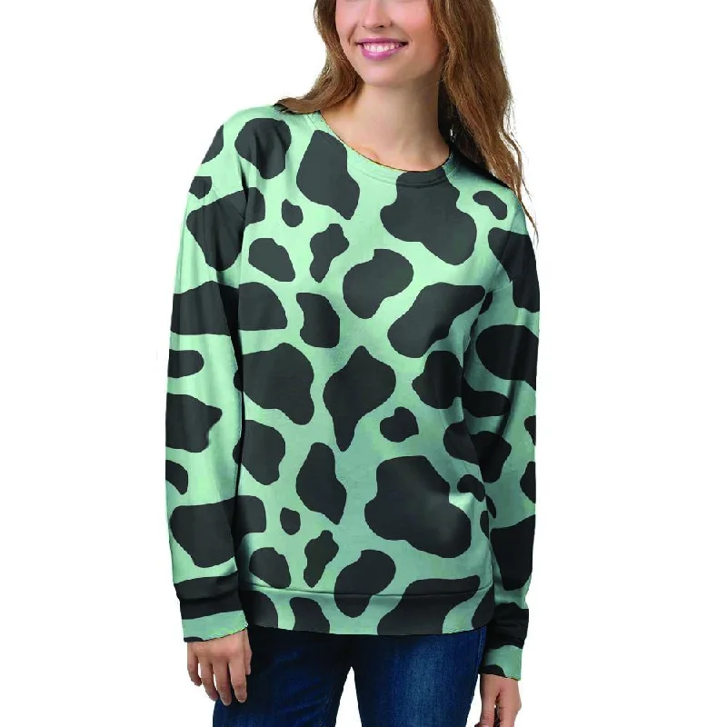 Black And Green Cow Print Women's Sweatshirt Hoodie with Cuffed Sleeves Snug Secure