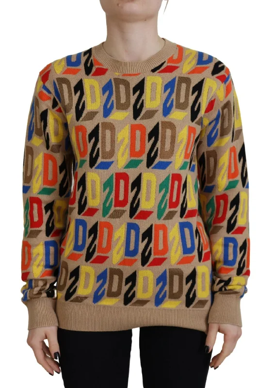 Brown Cotton Long Sleeve Crew Neck Printed Sweater Neon Metallic Matte