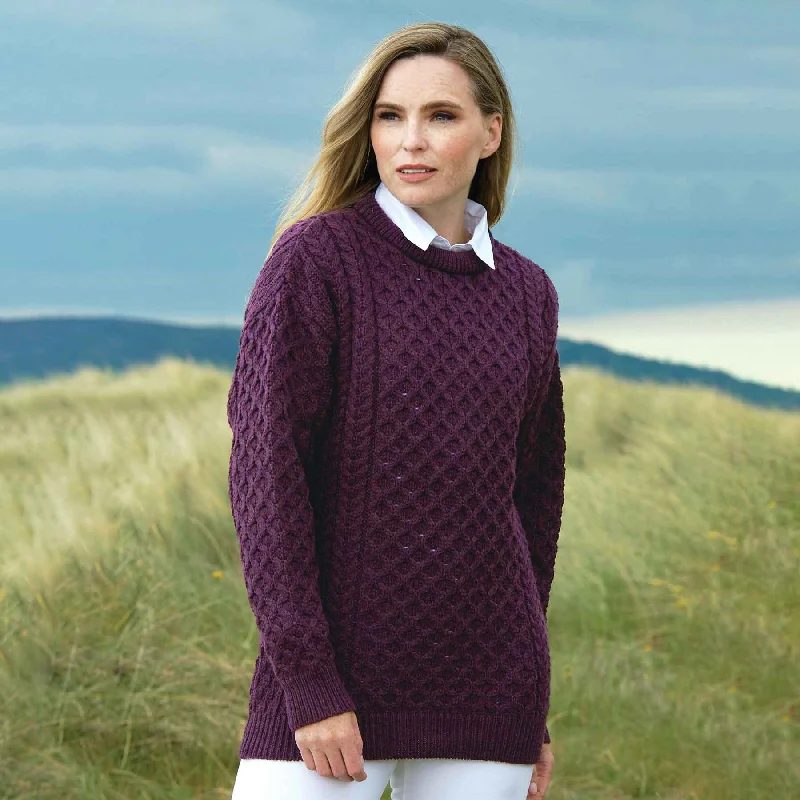 Kildare Classic Merino Crewneck Aran Sweater- Plum Anti-Pilling Anti-Shrink Durable