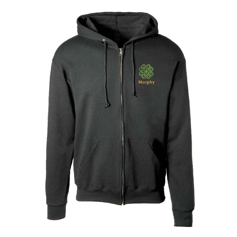 Celtic Clover Knot Embroidered Personalized Full Zip Hoodie- Black Hoodie with Pattern Geometric Abstract