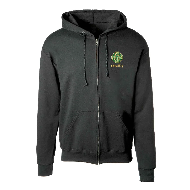 Celtic Cross Embroidered Personalized Full Zip Hoodie- Black Hoodie with Velcro Closure Adjustable Secure