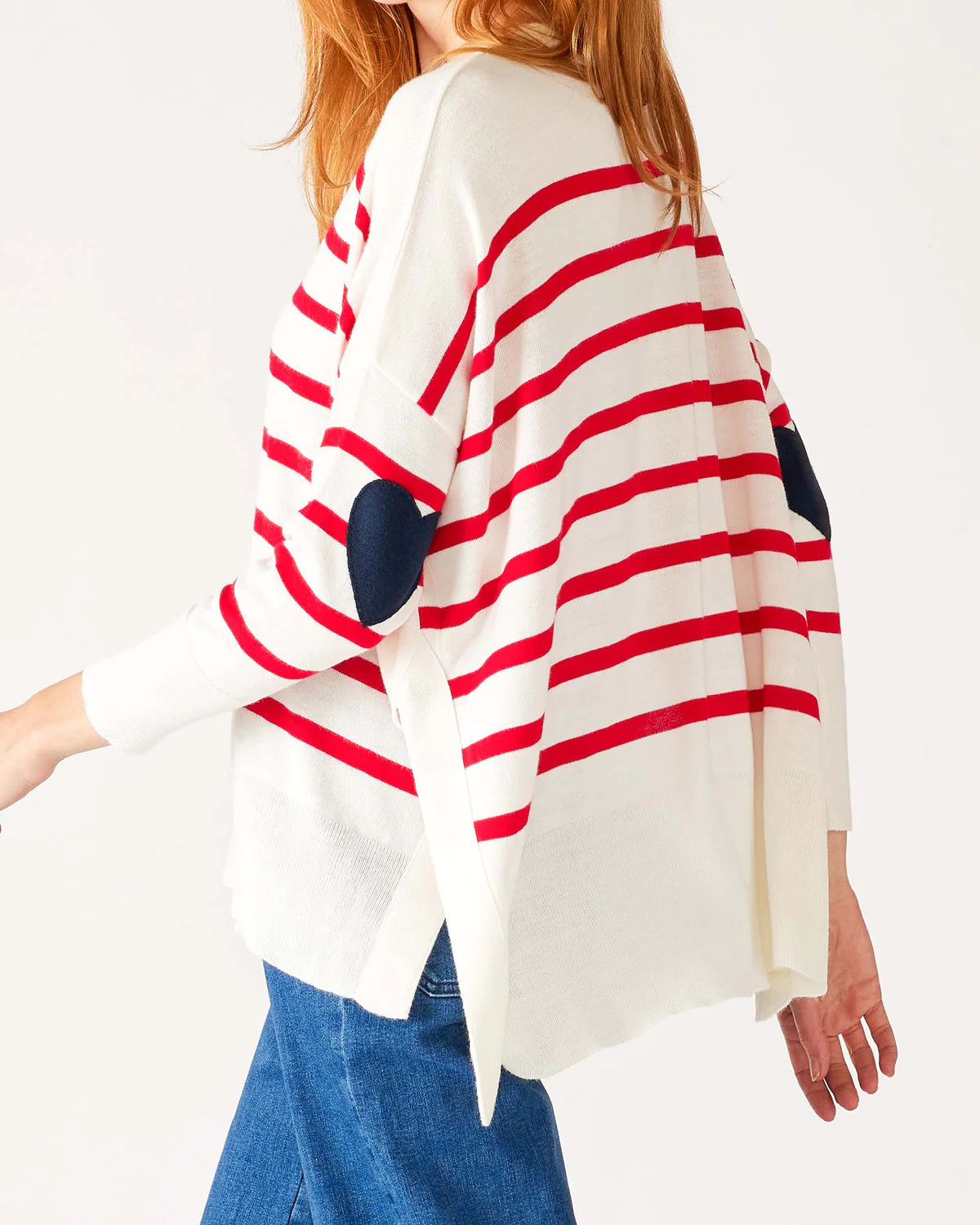 Mersea The Amour Sweater With Heart Patch- Stripe Red Open Front Closed Front Wrap Front