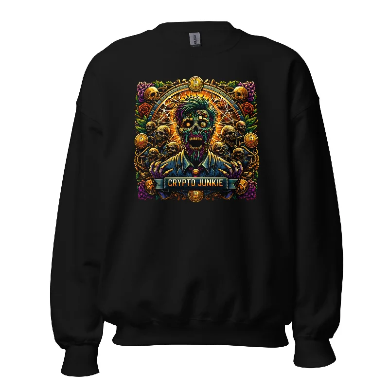 Crypto Junkie Zombie Businessman Horror Bitcoin Long Sleeve Pullover Sweatshirt Hoodie with Hem Applique Textured Unique