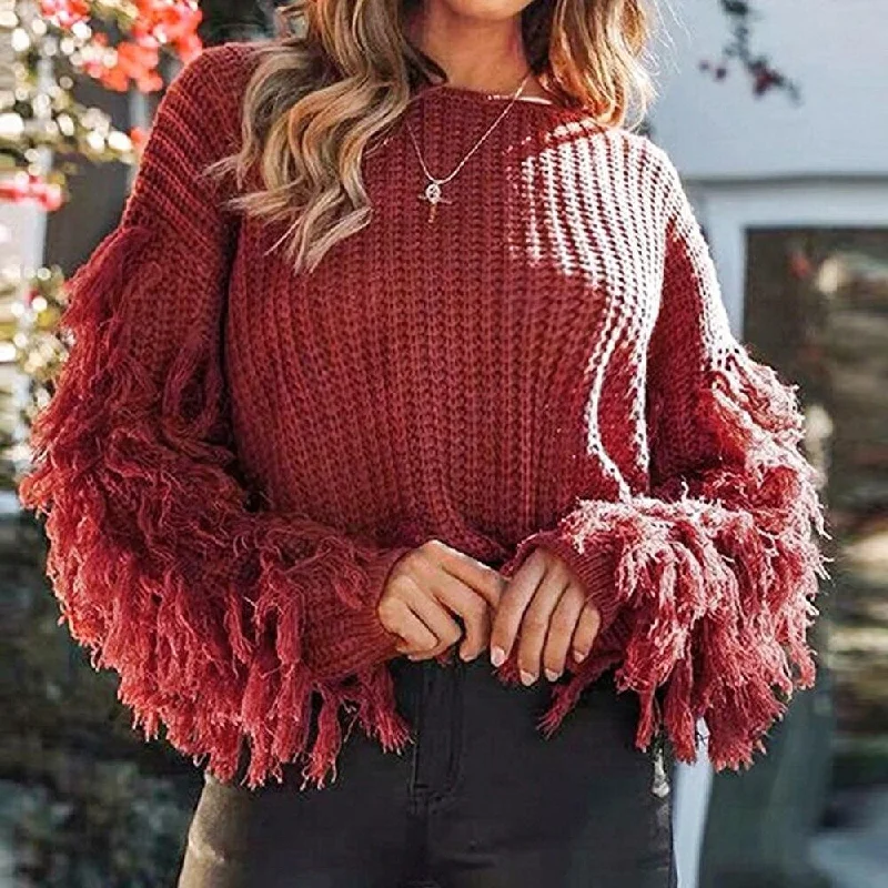 Women Fringe Sleeves Loose Knitted Jumpers Sweater Iron Safe Non-Iron Wrinkle Free