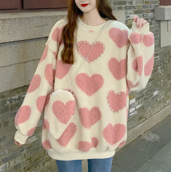 Cute  Heart plush sweater yv30318 Mesh Sweater Canvas Denim