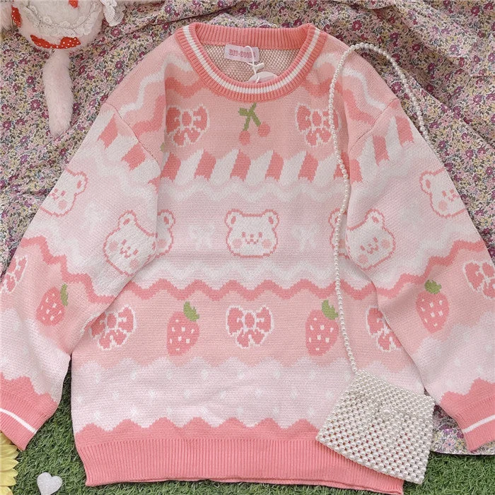 Cute strawberry bear sweater yv31193 Ribbed Striped Patterned