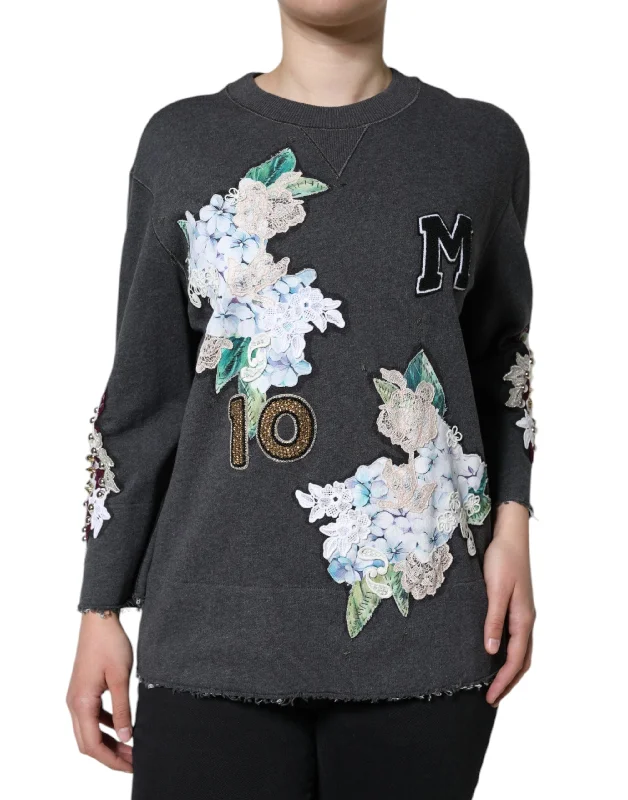 Dolce & Gabbana Gray Hydrangea CollegeStudded Floral Sweater Chenille Fabric Brocade Fabric Lace Fabric