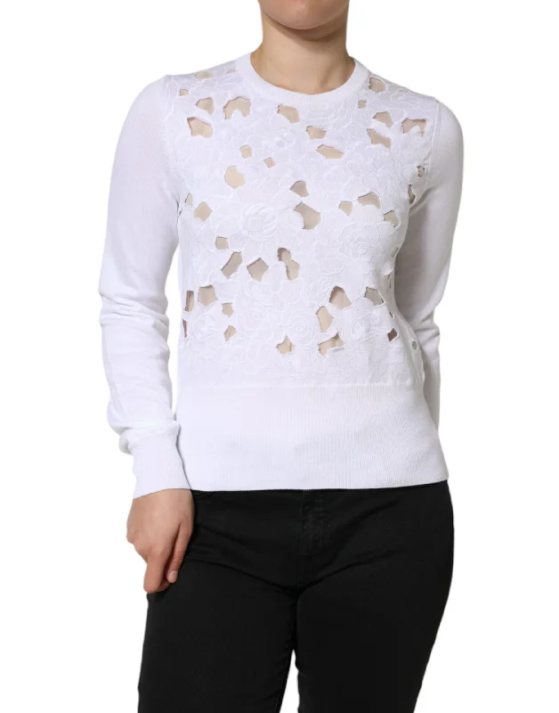 Dolce & Gabbana White Lace Cut Out Long Sleeves Pullover Sweater Terry Terry Cloth Terry Knit