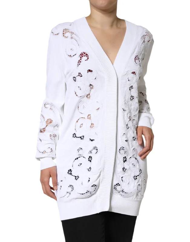 Dolce & Gabbana White Viscose Floral Cut Out Cardigan Sweater Neon Metallic Matte