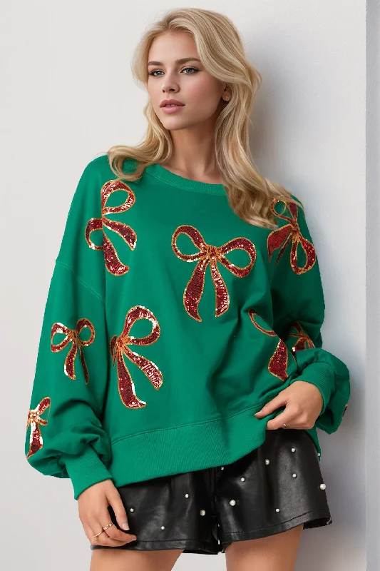 Christmas Bow Sequin Round Neck Dropped Shoulder Sweatshirt Hoodie with Distressed Vintage Worn