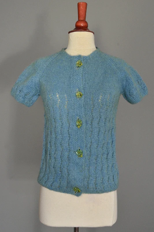 Dusty Blue Fuzzy Daisy Buttons Sweater Sequined Glittery Shiny