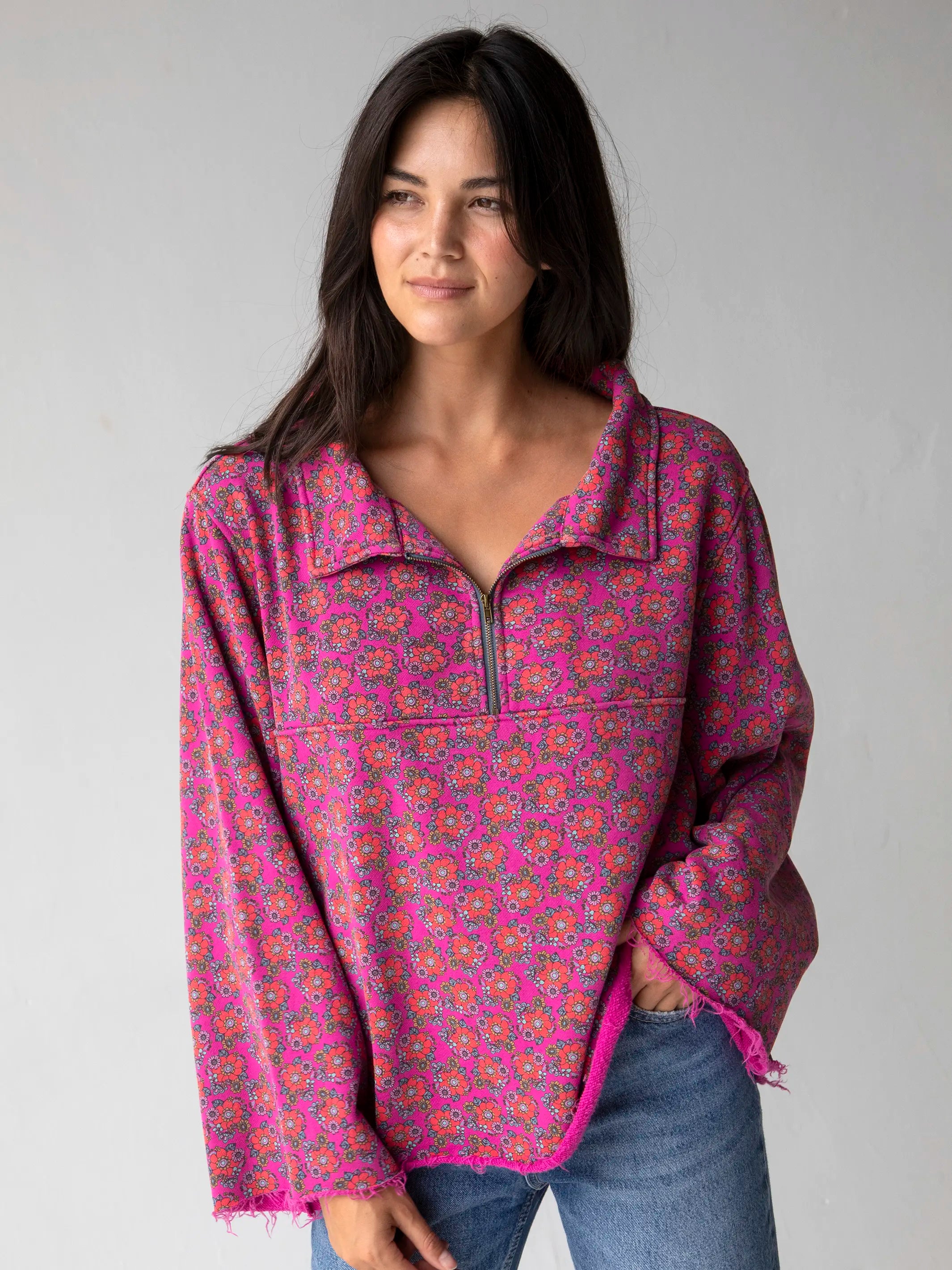 Easy Does It Sweatshirt - Hot Pink Mod Floral Hoodie with Zipper Placket Modern Functional