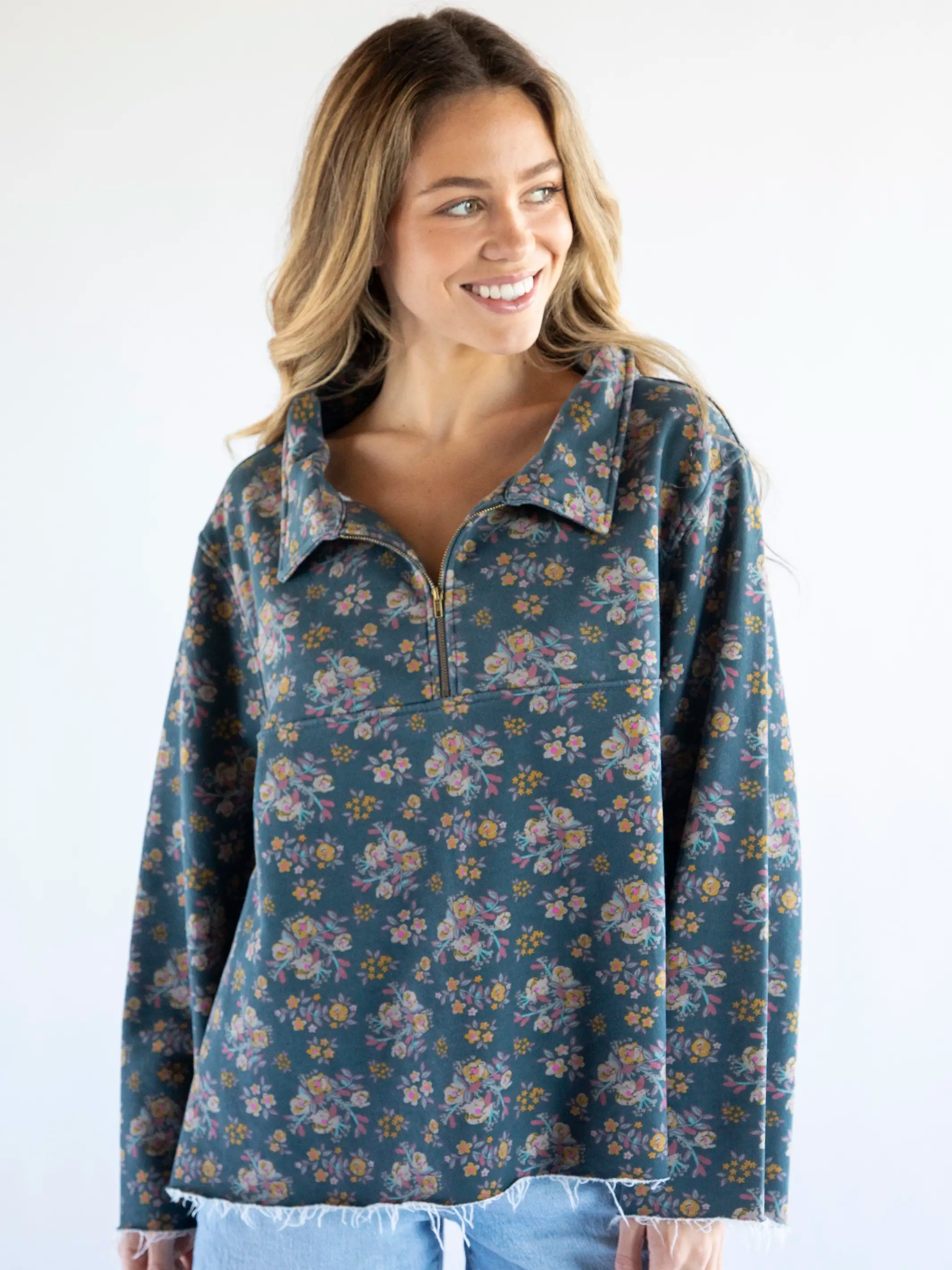 Easy Does It Sweatshirt - Slate Floral Blooms Hoodie with Drawcord Adjustable Secure