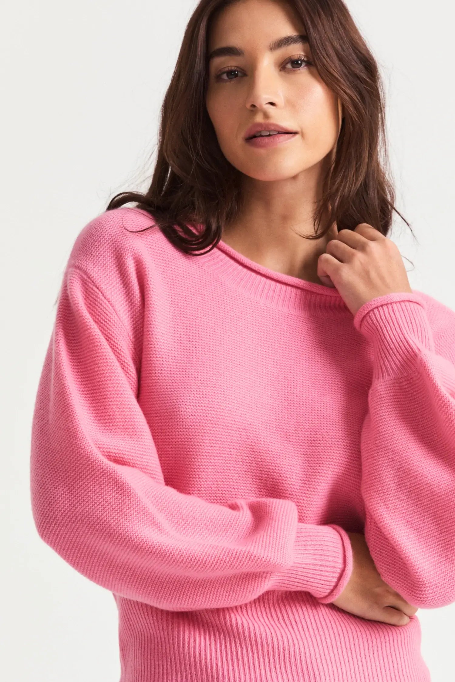 Love Shack Fancy - Emelita Pullover Sweater in Vivid Pink Faux Fur Fabric Real Fur Fabric Shearling Fabric