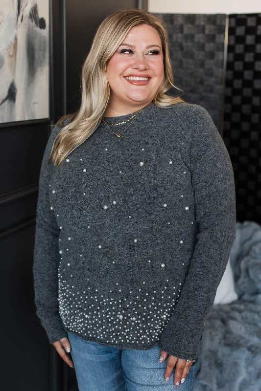 Feeling Inspired Pearl Knit Sweater- Charcoal Herringbone Houndstooth Plaid