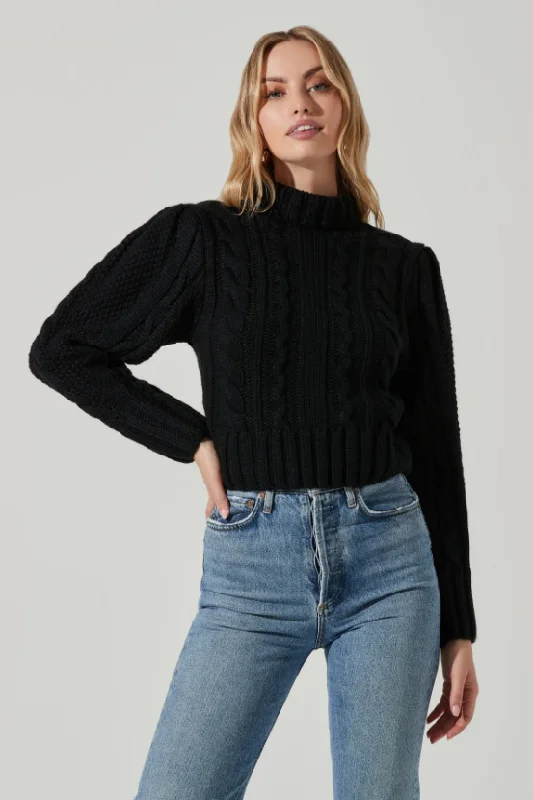 Haisley Cable Knit Turtleneck Sweater - Black Cashmere Blend Cotton Blend Poly Blend