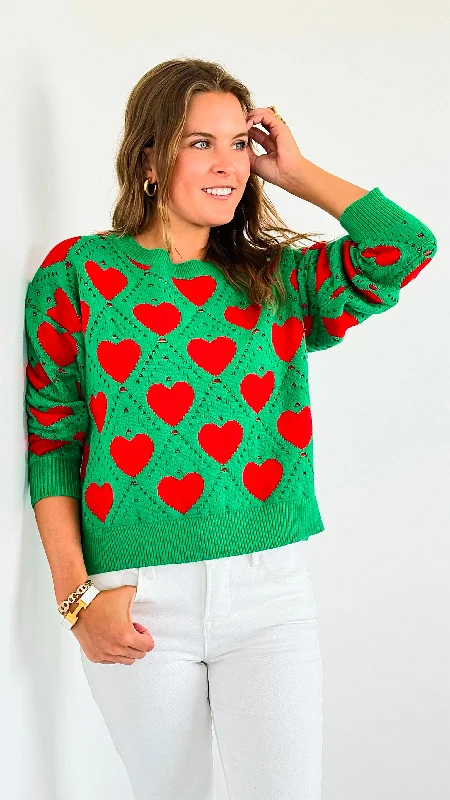 Hearts Knit Sweater-Green Lace Blend Ribbed Blend Corduroy Blend